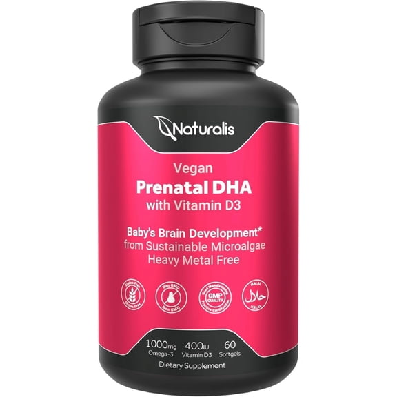 Naturalis Vegan Prenatal with Full Specrum Omega-3 | Algae DHA, EPA, DPA, Vitamin D3 & Active Folate L 5-MTHF | Vegan Society Certified, Sustainably Sourced, Non-GMO & Soy Free | 60 Veggie Softgels