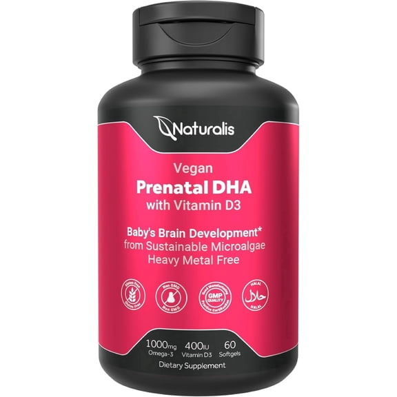 Naturalis Vegan Prenatal with Full Specrum Omega-3 | Algae DHA, EPA, DPA, Vitamin D3 & Active Folate L 5-MTHF | Vegan Society Certified, Sustainably Sourced, Non-GMO & Soy Free | 60 Veggie Softgels