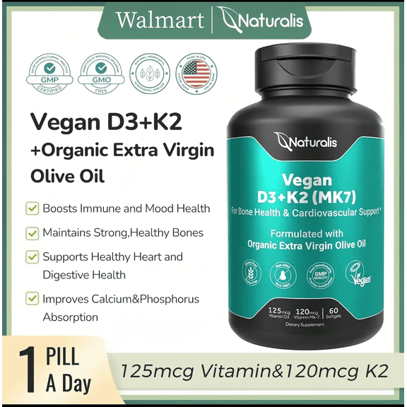 Naturalis Vegan Vitamin D3+K2 with Extra Virgin Olive Oil , 5000iu Vitamin D with 120mcg MK7 Vitamin K , Better Support for Bone & Immune Health , Vegan Society Certified 60 Softgels