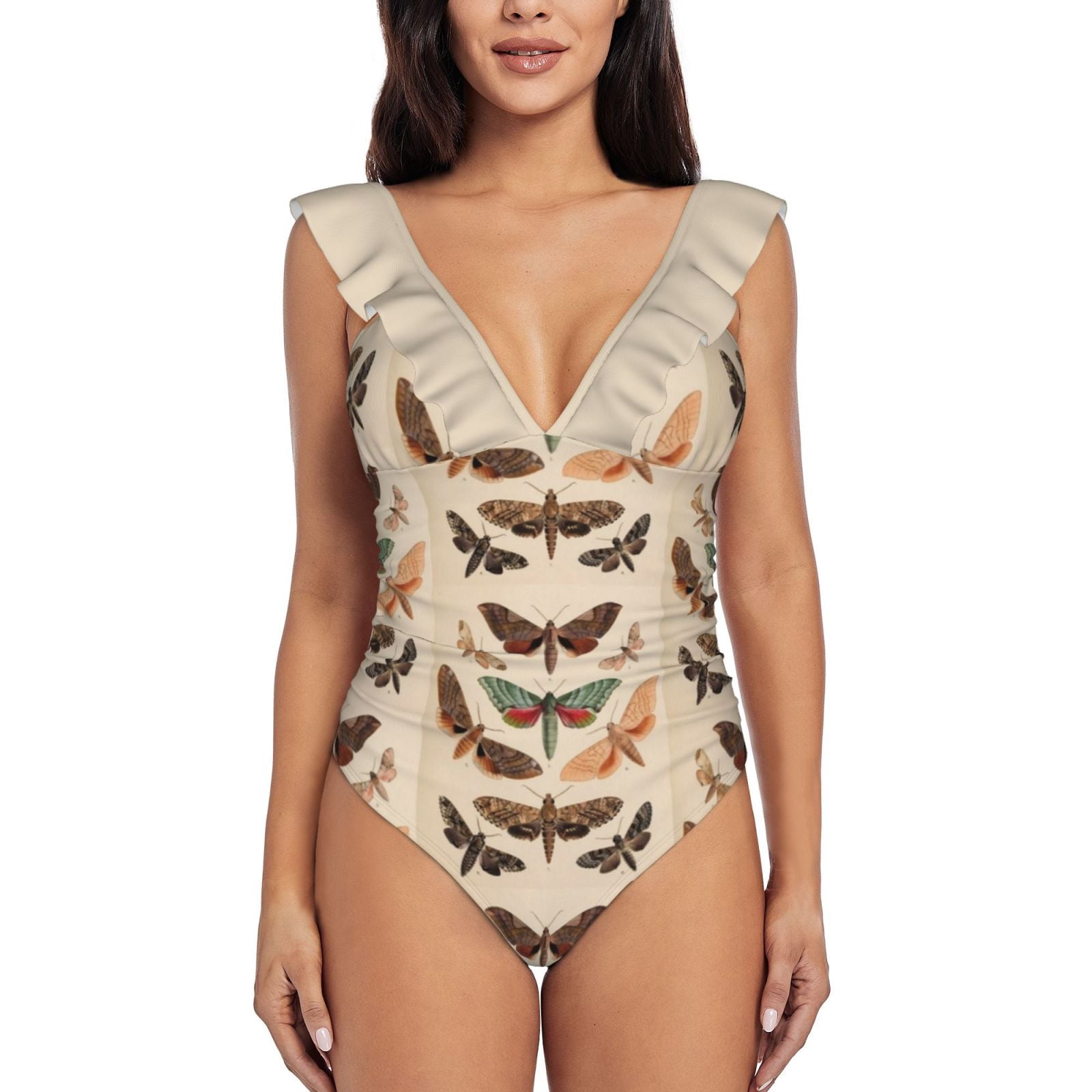 Naturalist Moths One Shoulder Ruffle Swimsuit Print Swimwear Female One Piece Monokini Bathing ...