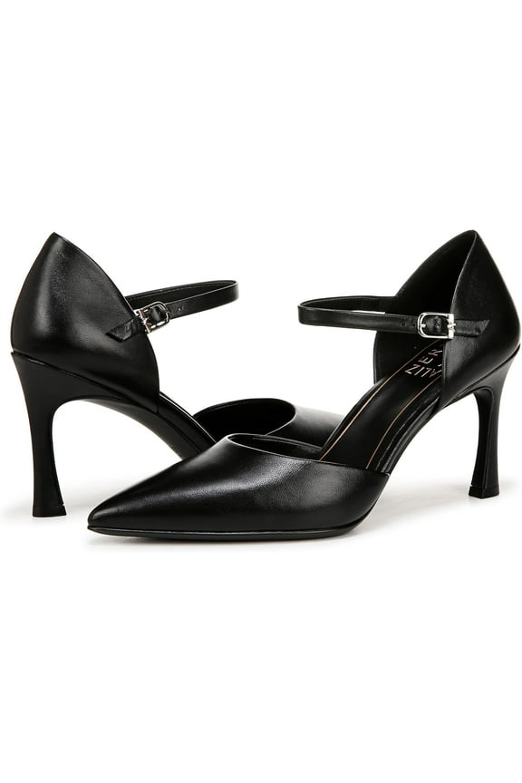 Women's Amber Pointed Toe Ankle Strap Pumps Black Leather 10W