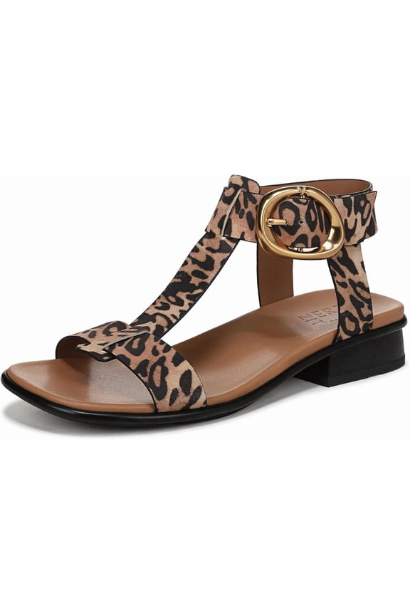 Women's Brandy T-Strap Buckles Low Block Heel Sandal Dark Brown Leopard 8.5W