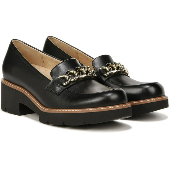 Naturalizer Womens Desi Chain Detail Platform Lug Sole Heeled Loafer Black 7.5W
