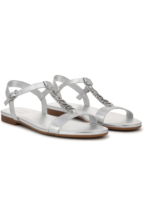 Women's Teach Chain-link Detail Flat Sandal Silver Leather 5.5M