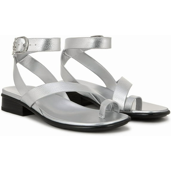 Naturalizer Womens Birch Strappy Flat Sandal Silver Metallic 8.5M