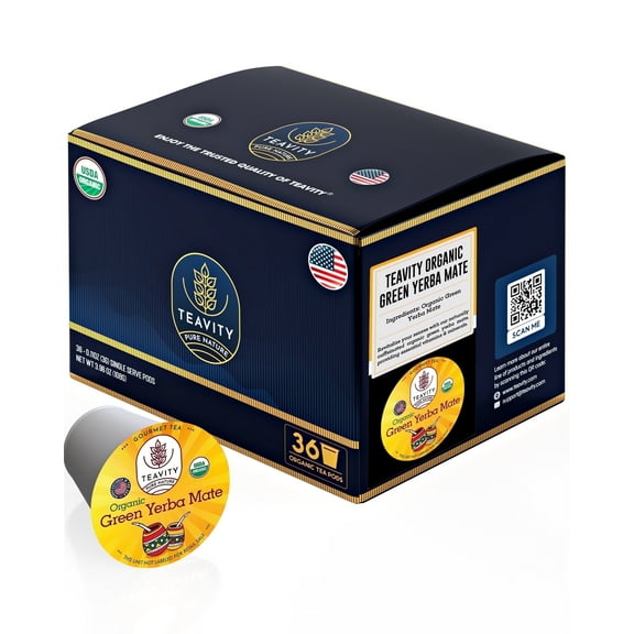 Naturally Caffeinated Organic Green Yerba Mate Tea Pods for Keurig Brewers by Teavity - 36 Tea Pods