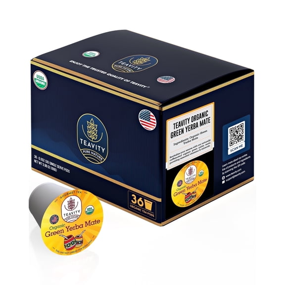 Naturally Caffeinated Organic Green Yerba Mate Tea Pods for Keurig Brewers by Teavity - 36 Tea Pods