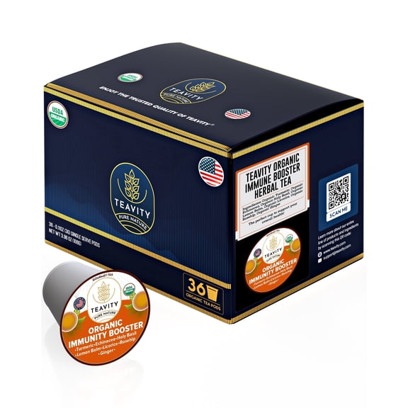 Naturally Decaffeinated Organic Immunity Booster Herbal Tea Pods Compatible with Keurig Brewers by Teavity - 36 Tea Pods