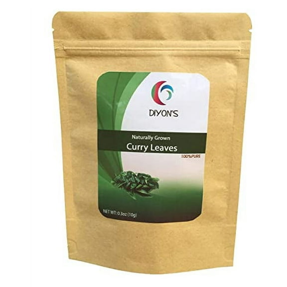 Diyon's whole dried Curry leaves 0.3oz (10g) 100% Natural, Pure and Air Dried Curry Leaves From Sri Lanka, Packed in a Kraft Stand up Resealable Pouch.