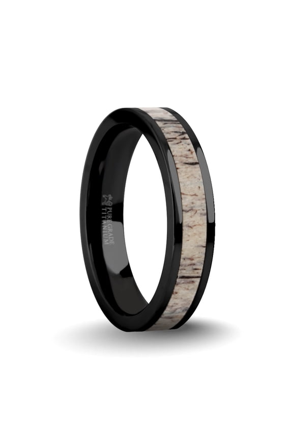 Naturally Harvested Deer Antler Inlay Black Titanium Wedding Ring, 4mm, Size 5