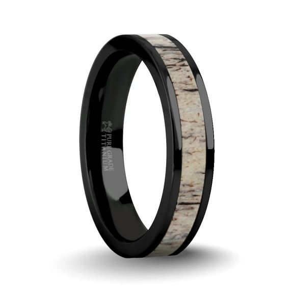 Naturally Harvested Deer Antler Inlay Black Titanium Wedding Ring, 4mm, Size 8.5