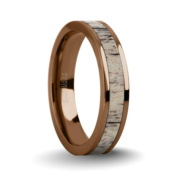 Naturally Harvested Deer Antler Inlay Brown Titanium Wedding Ring, 4mm, Size 7.5