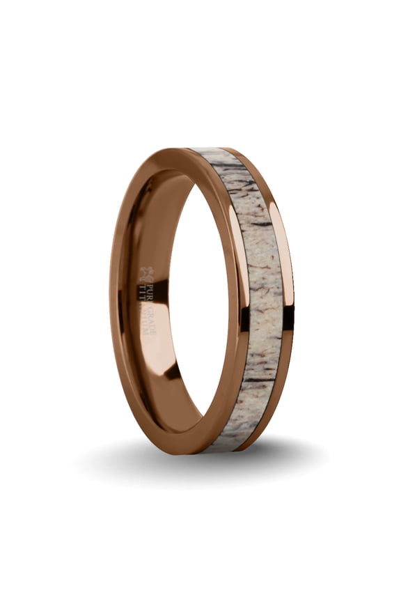 Naturally Harvested Deer Antler Inlay Brown Titanium Wedding Ring, 4mm, Size 8.5