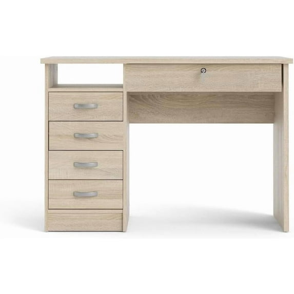 Naturally Nice Rectangular Writing Desk with 5 Drawers Wood Metal Finish Type in Truffle Color with Lockable Keys, Freestanding, Ergonomic - 19" D x 43" W x 30" H Oak Structure