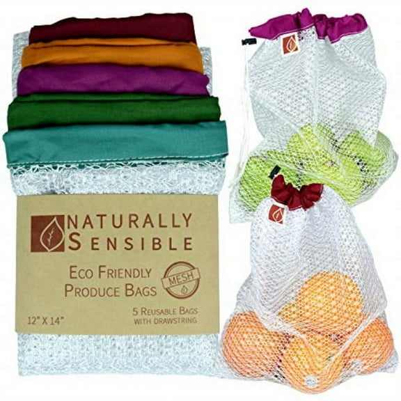 Naturally Sensible The Original Eco Friendly See Through Grocery Washable and Reusable Produce Bags - Soft Premium Lightweight Nylon Mesh Large - 12x14in - Set of 5 (Red, Yellow, Green, Blue, Purple)