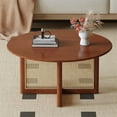 thumbnail image 1 of Wooden Coffee Table, Solid Wood Coffee Tea Table with Artificial Rattan Decorations Round Coffee Table for Living Room Bedroom Office, 1 of 7