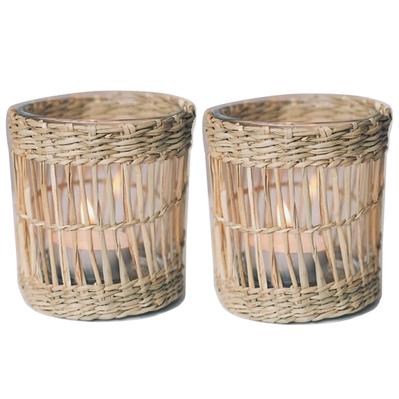 Naturan Wicker Woven Tea Light Candle Holder, Decorative Hand Woven Votive Tealight Candle Holder, Rustic Vintage Seagrass Glass Votive Candle Holders for Dining Table Kitchen Decor Serving Tray
