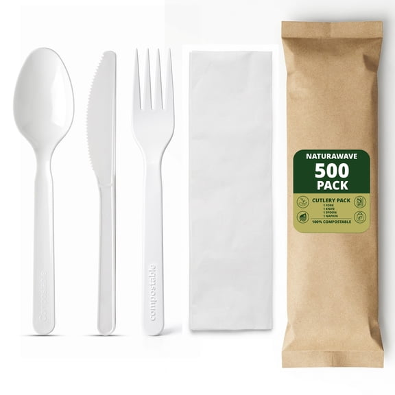 Naturawave Essentials Compostable Cutlery Packets 500 Pack Individually Wrapped Knife, Fork, Spoon & Napkin Set, Disposable Eco-Friendly Utensil Kits, Bulk To-Go for Takeout, Catering & Parties
