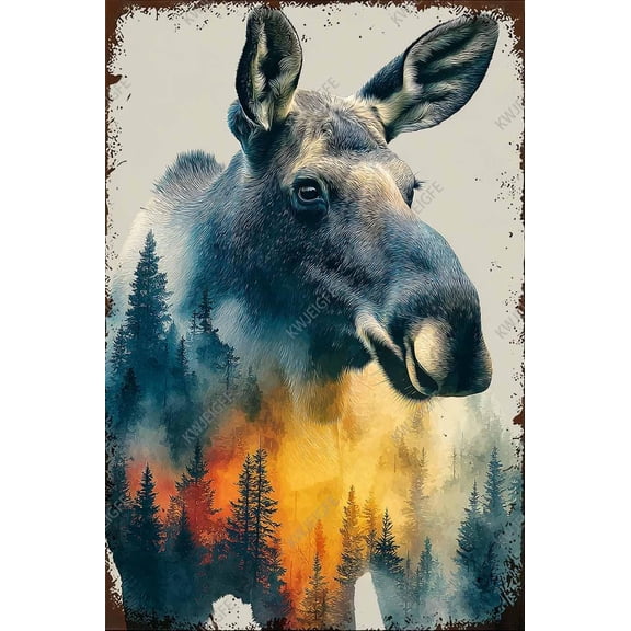 Nature Abstract Moose Head Metal Tin Sign, Rustic Wildlife Wall Decor for Cabin, Living Room or Office, 8 x 12 Inch