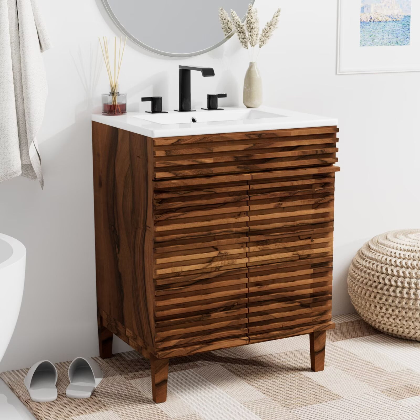 Nature Acacia Wood Bathroom Vanity with Integrated Ceramic Sink, 24" Freestanding Bathroom Vanity Cabinet with 2 Invisible Soft Closing Doors, Acacia Wood Grain