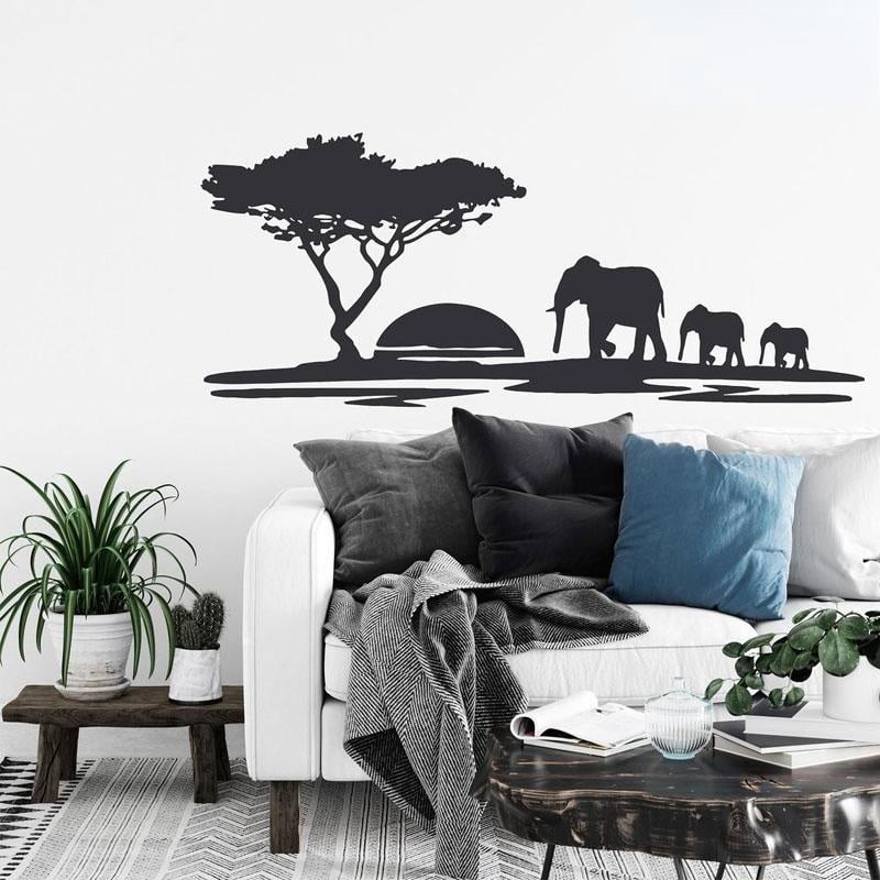 Autocollant Mural Tissu Déco éléphants Au Coucher De Soleil - Style Africain, Amovible - Marque Canvaspuzzle