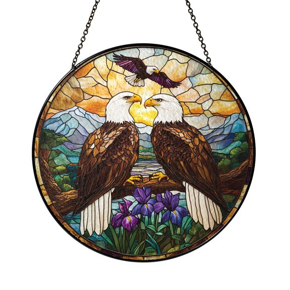 Nature Animal Stained Glass Style Window Suncatcher, Eagle Landscape Art Panel, Decorative Glass Style Window Decor for Scenic Home