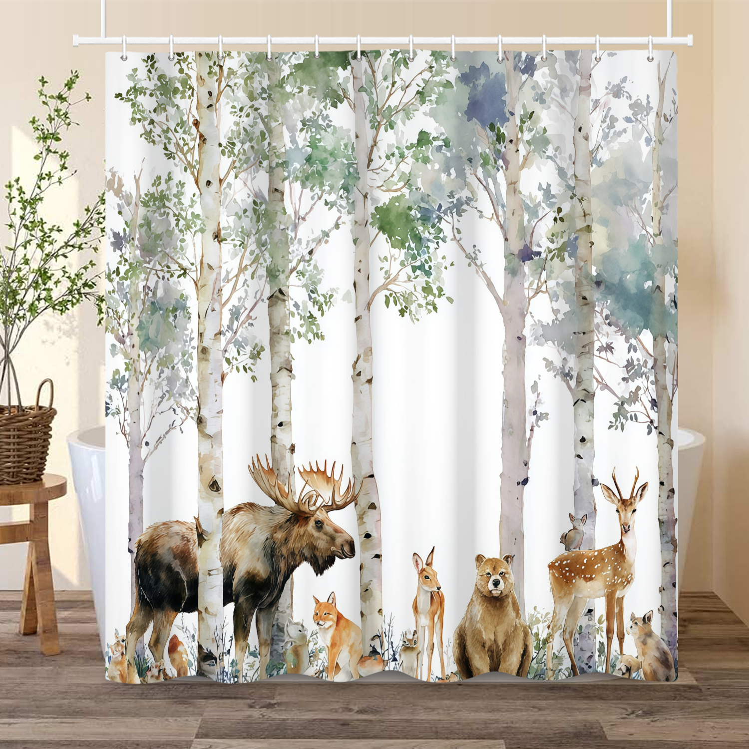 Nature Animals Shower Curtain Forest Woodland with Deer Bath Curtain