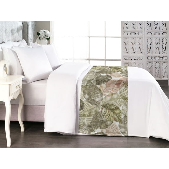 Nature Art Bed Runner, Forest Line Art Leaves Greenery Boho Petals on Plain Background, Decorative Accent Bedding Scarf for Hotels Homes & Guest Rooms, King, Sage Green and Pale Rose, by Ambesonne