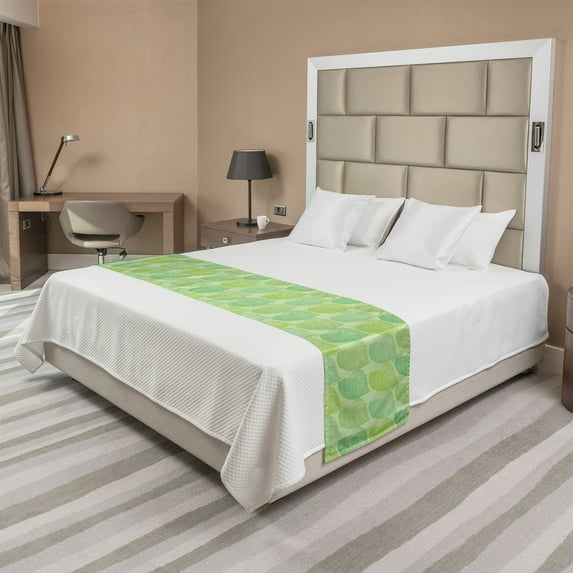 Nature Art Bed Runner, Pastel Spring Natural Leaves Hand Drawn Sketch Style Forest Plant Monochrome Design, Decorative Accent Bedding Scarf for Hotels Homes and Guestrooms, King, Green, by Ambesonne