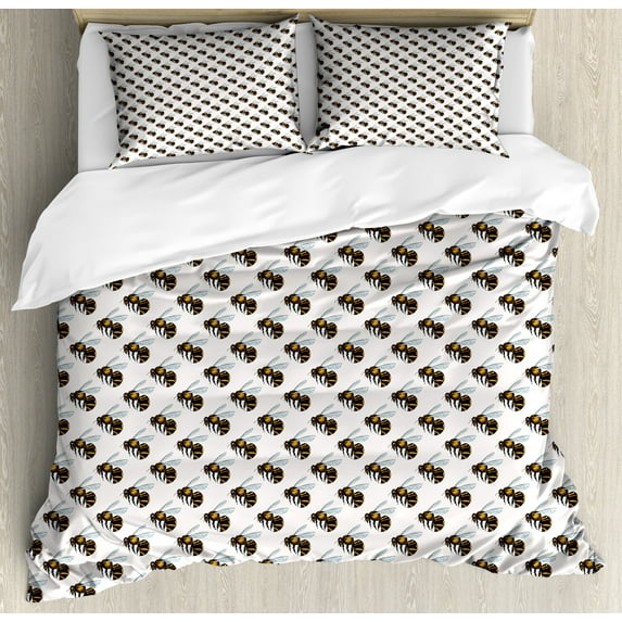 Nature Art Duvet Cover Set, Repetitive Look Detailed Bee Buzzing Animals with Wings Detailed Pattern, Decorative 3 Piece Bedding Set with 2 Pillow Shams, Calking Size, Grey Multicolor, by Ambesonne