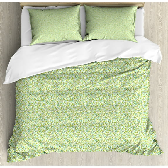 Nature Art Duvet Cover Set, Summer Flowers Daisy Blooms Chamomiles Field Blossoming Season, Decorative 3 Piece Bedding Set with 2 Pillow Shams, Calking Size, Apple Green and Turquoise, by Ambesonne