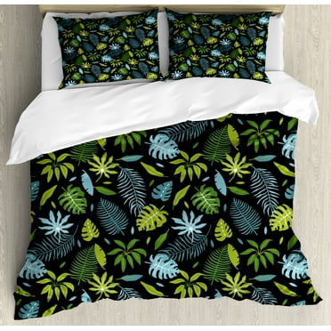 Nature Art Duvet Cover Set, Tropical Jungle Forest Leaves Monstera Banana Palm Botanical Print, Decorative 3 Piece Bedding Set with 2 Pillow Shams, Calking Size, Lime Green and Sky Blue, by Ambesonne
