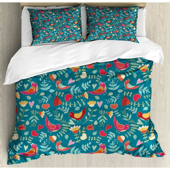 Nature Art Duvet Cover Sets, Botanical Theme Colorful Birds Flowers Leaves and Hearts Ornaments, Bedding Set 2 Duvet Covers & 4 Pillowcases, 2 Pack Queen Size, Petrol Blue Multicolor, by Ambesonne