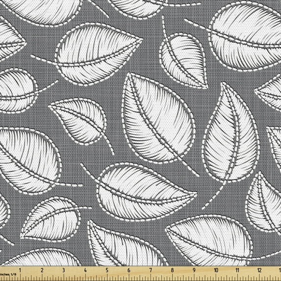 Ambesonne Nature Art Fabric by the Yard Upholstery, Botanical Leaf Design, 5 Yards, Grey and White