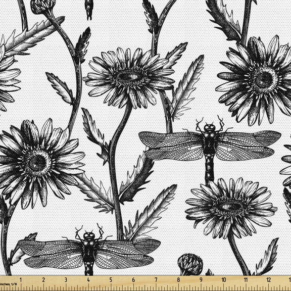 Ambesonne Nature Art Fabric by the Yard Upholstery, Plants and Dragonflies, 1 Yard, Charcoal Grey White