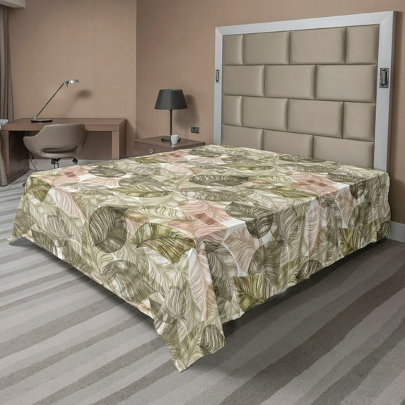 Ambesonne Nature Art Flat Bedding Sheet Soft Top Sheet, Forest Line Art Leaves, Full, Sage Green and Pale Rose