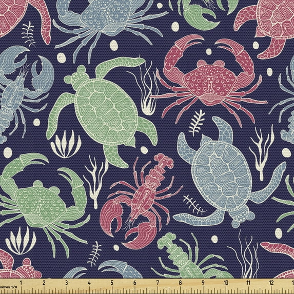 Ambesonne Nature Art Fabric by the Yard Upholstery, Colorful Sea Animals, 2 Yards, Multicolor