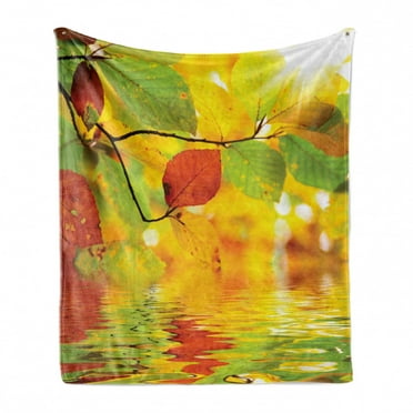 Nature Art Soft Flannel Fleece Throw Blanket, Autumn Tree Branch with Colorful Leaves on Rippling Water Print, Cozy Plush for Indoor and Outdoor Use, 50" x 60", Green Orange and Yellow, by Ambesonne