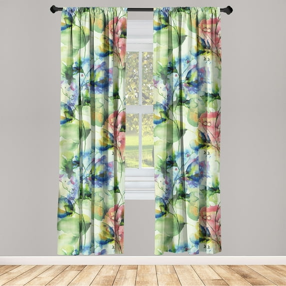 Nature Art Window Curtains, Watercolor Painting Themed Garden of Blooming Spring Pinkish Petals, Lightweight Decor 2-Panel Set with Rod Pocket, Pair of - 28"x84", Pastel Green Lavender, by Ambesonne