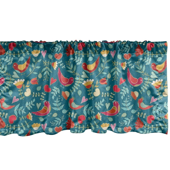 Ambesonne Nature Art Valance Pack of 2, Hearts Birds and Flowers, 54"X12", Petrol Blue Multicolor