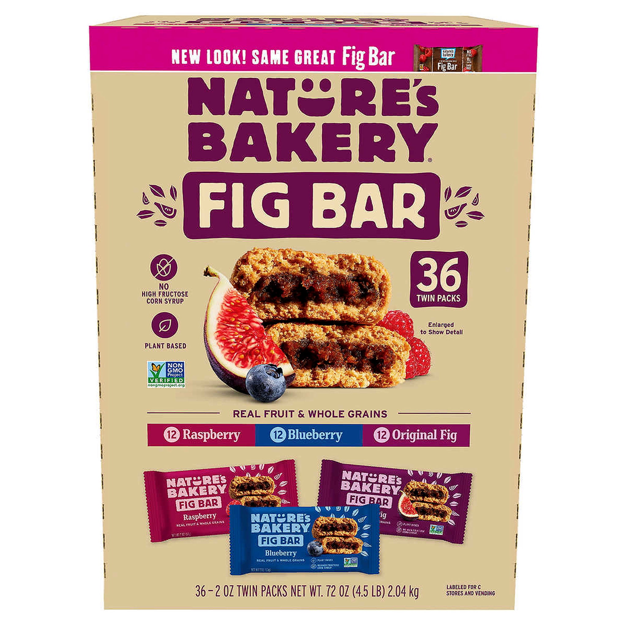 Nature Bakery's Fig Bar Variety Pack 3 Flavors: Fig, Blueberry, and Raspberry 2 Oz. Bar (36 Twin Packs)