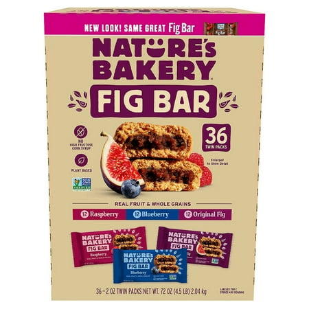 Nature Bakery's Fig Bar Variety Pack 3 Flavors: Fig, Blueberry, and Raspberry 2 Oz. Bar (36 Twin Packs)