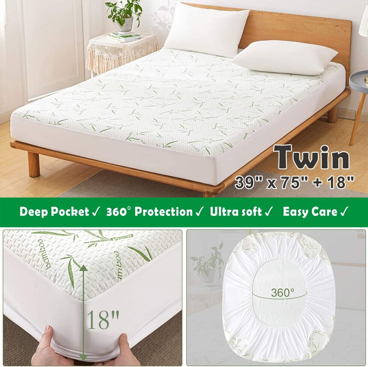 Nature Bamboo Mattress Protector Extra Deep Pocket 100 Waterproof Bed