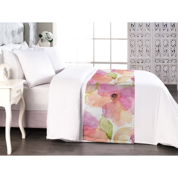 Nature Bed Runner, Garden Themed Watercolor Flower Pattern in Colorful Soft Tones, Decorative Accent Bedding Scarf for Hotels Homes & Guest Rooms, King, Pink Peach and Pastel Green, by Ambesonne