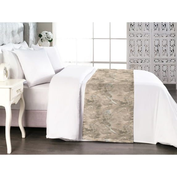 Nature Bed Runner, Grunge Style Pastoral Theme Meadow Like Leaves Pattern Print Artwork, Decorative Accent Bedding Scarf for Hotels Homes & Guest Rooms, King, Ceil Blue Eggshell Beige, by Ambesonne
