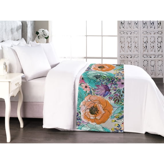 Nature Bed Runner, Hand-Drawn Pastel-Colored Simplistic Flowers and Leaves Floral Art, Decorative Accent Bedding Scarf for Hotels Homes & Guest Rooms, King, Pale Vermilion and Turquoise, by Ambesonne