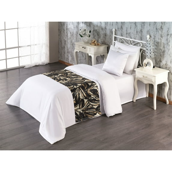 Nature Bed Runner, Minimalist Style Drawn Jungle Leaves Sketch Pattern on Dotted Background, Decorative Accent Bedding Scarf for Hotels Homes & Guest Rooms, Twin, Charcoal Grey and Ecru, by Ambesonne