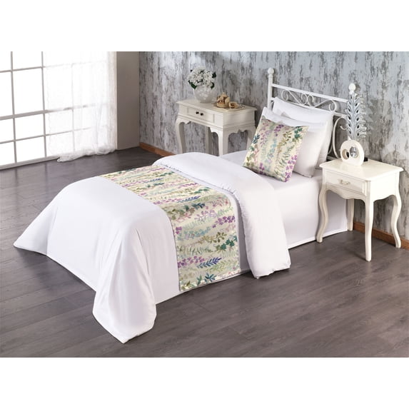 Nature Bed Runner Set, Botanical Theme Hand-Drawn Repetitive Leaves Watercolor Illustration, Decorative Bedding Scarf & a Pillow Sham for Hotels Homes, Twin, Pale Purple and Grey Teal, by Ambesonne