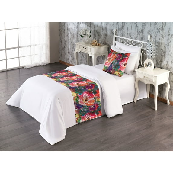 Nature Bed Runner Set, Colorful Garden of Watercolor Style Blooming Poppies Painting Print, Decorative Bedding Scarf & a Pillow Sham for Hotels Homes, Twin, Dark Coral and Multicolor, by Ambesonne