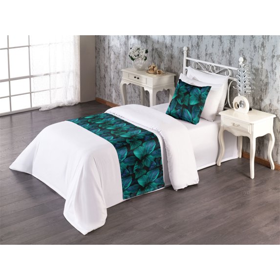 Nature Bed Runner Set, Digital Illustrated Realistic Looking Tropical Leaves Sketches Print, Decorative Bedding Scarf & a Pillow Sham for Hotels Homes, Twin, Violet Blue and Fern Green, by Ambesonne